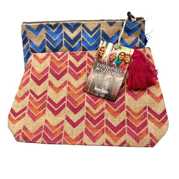 Neiman Marcus Fashioned For Change Clutch/Makeup Bag Set Blue & Pink Chevron - Picture 2 of 9
